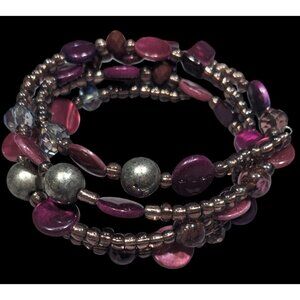 Whimsical Mermaidcore Purple And Silver Tone Shell And Glass Beaded Coil Bracele